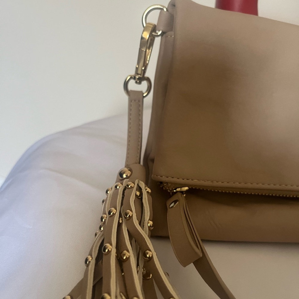 Women’s Charming Charley’s tan fold over clutch bag with tassel detail - Picture 2 of 7